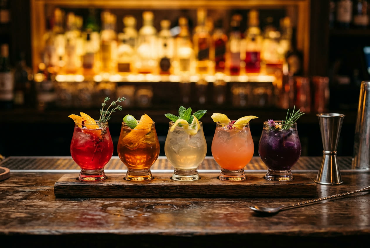 Fünf kleine Verkostungsgläser mit verschiedenen Cocktails nebeneinander auf dem Holztresen