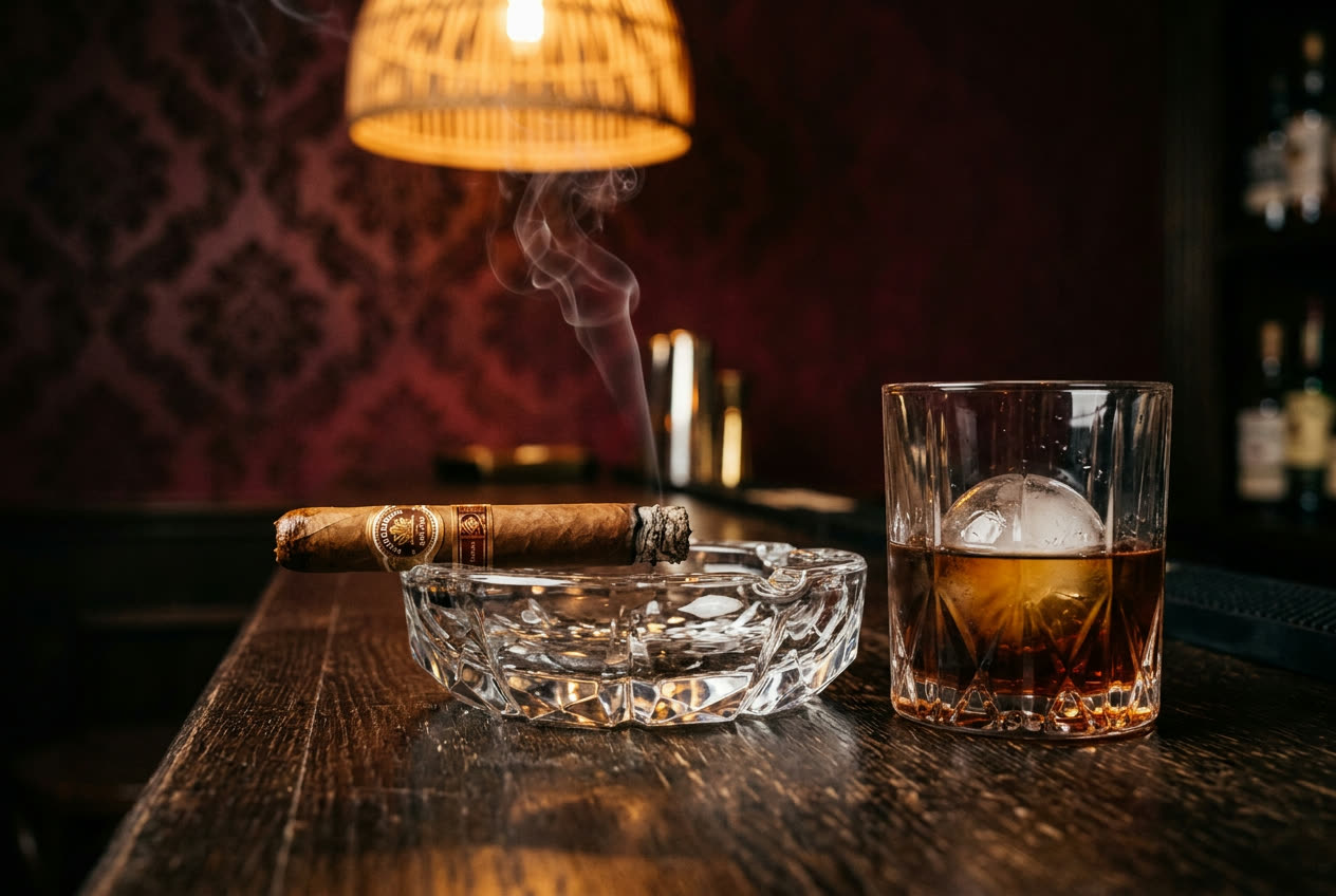 Zigarre auf einem Kristallaschenbecher neben einem Tumbler dunklen Rums mit großem Eiswürfel